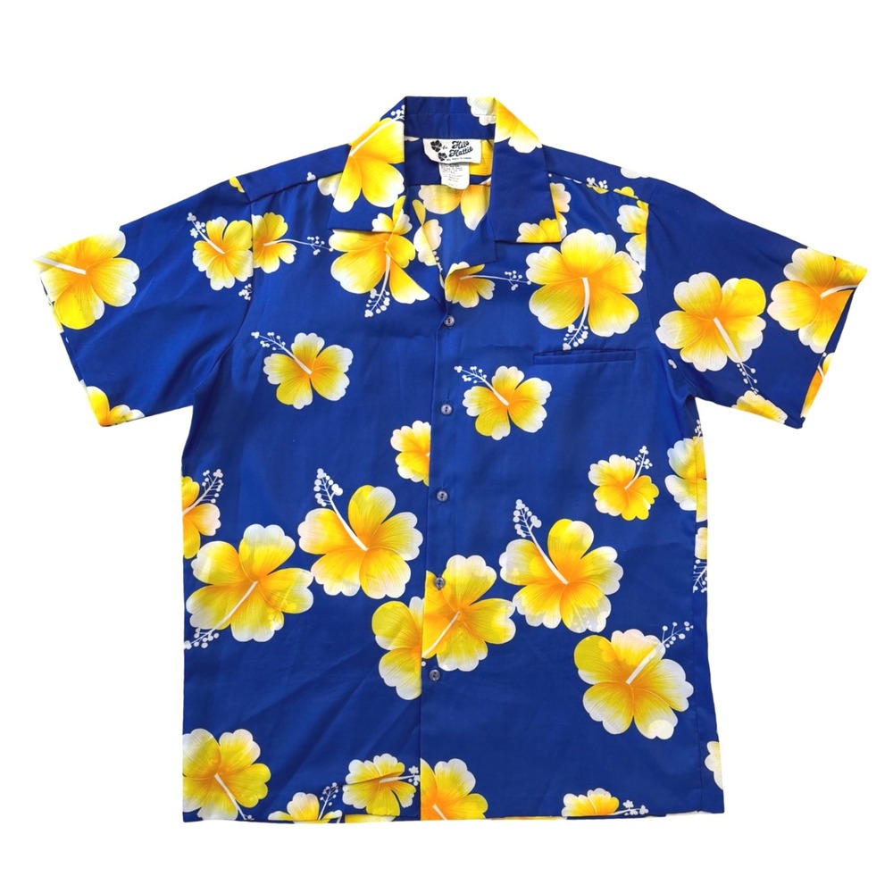 Vintage Hilo Hattie Blue Yellow Hibiscus Hawaiian Shirt Mens Large Made In USA